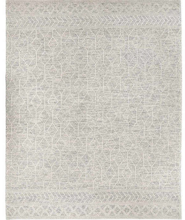 Close-up of the hand-woven Carolina Wool Area Rug. Black and white geometric pattern with textured wool. Design-Rectangle