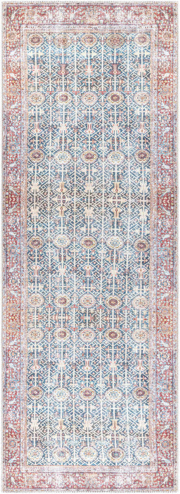 Detailed view of the Rust Catadupa Distressed Washable Area Rug, featuring a traditional Persian-inspired design in gray, blue, and nutmeg. Design-Runner-2773