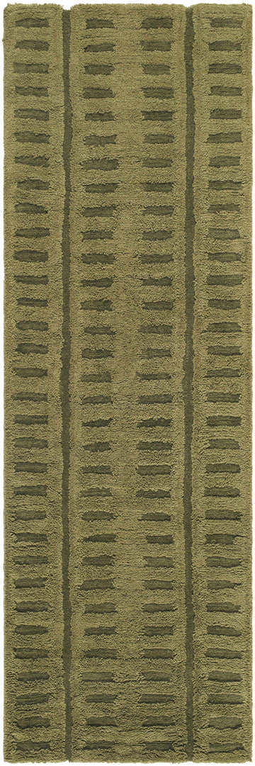 Close-up of the Washable Wool Rug - Green. Hand-tufted rug with a contemporary stripe pattern in shades of green and brown. Design-Runner-268