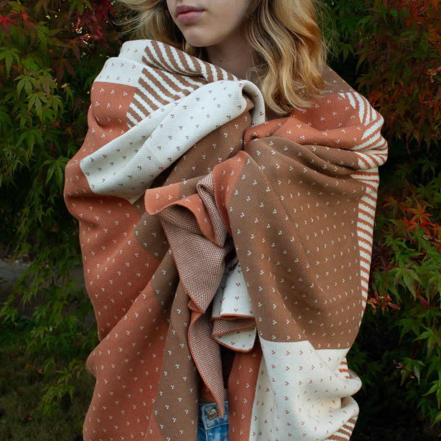 100% Cotton Knitted Throw - Color Block Throw in Pumpkin, Latte and Cream