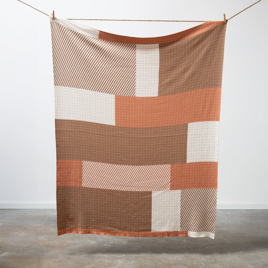 100% Cotton Knitted Throw - Color Block Throw in Pumpkin, Latte and Cream