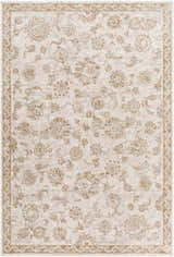 Close-up of the Chyron Cream Area Rug. Features a traditional floral pattern in cream, light brown, and gray tones. Design-Rectangle-6796