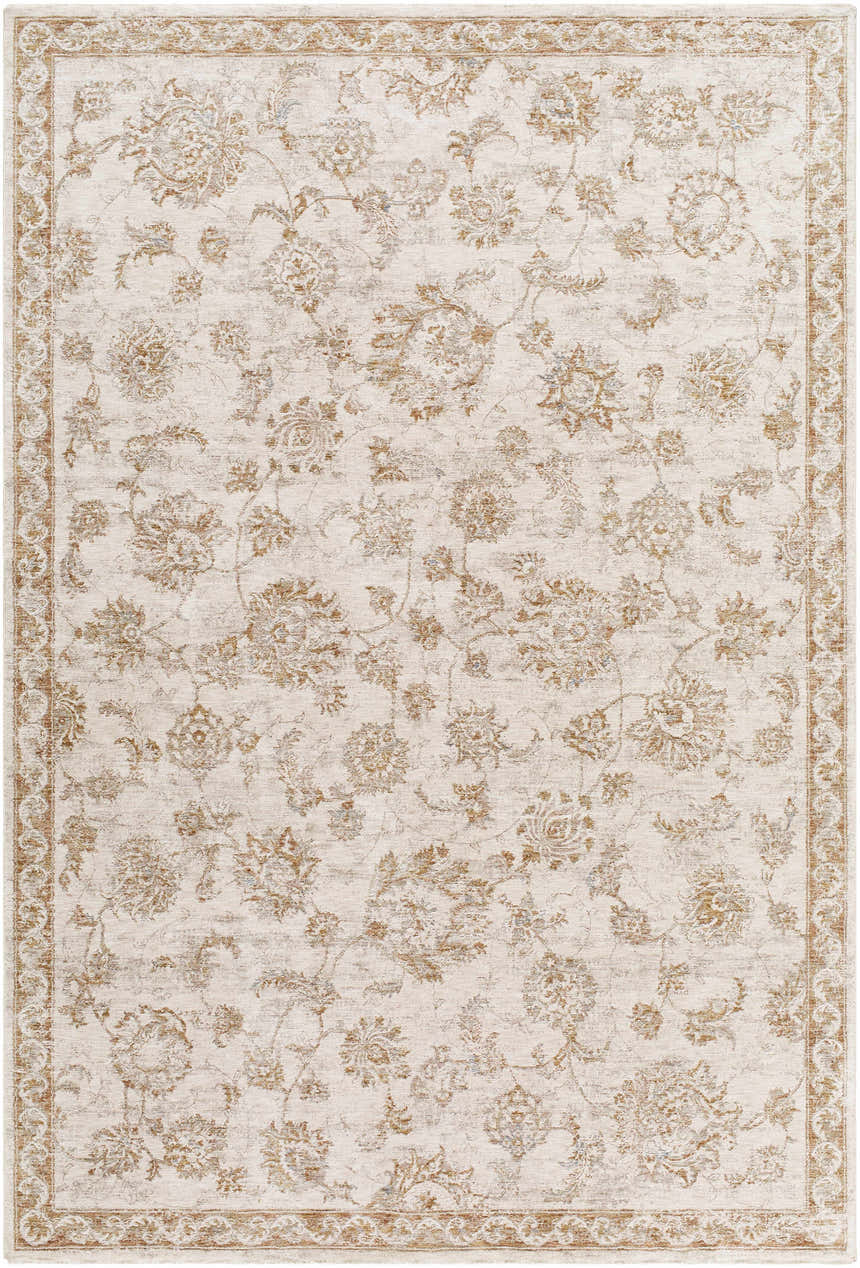 Close-up of the Chyron Cream Area Rug. Features a traditional floral pattern in cream, light brown, and gray tones. Design-Rectangle-6796