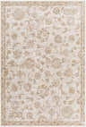 Close-up of the Chyron Cream Area Rug. Features a traditional floral pattern in cream, light brown, and gray tones. Design-Rectangle-6796