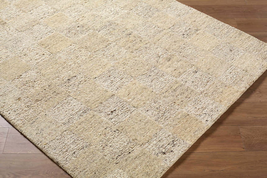 Close-up of the hand tufted Chasya Sandstone Area Rug. Wool rug in ivory, pebble, sandstone, and taupe with a subtle pattern. Corner