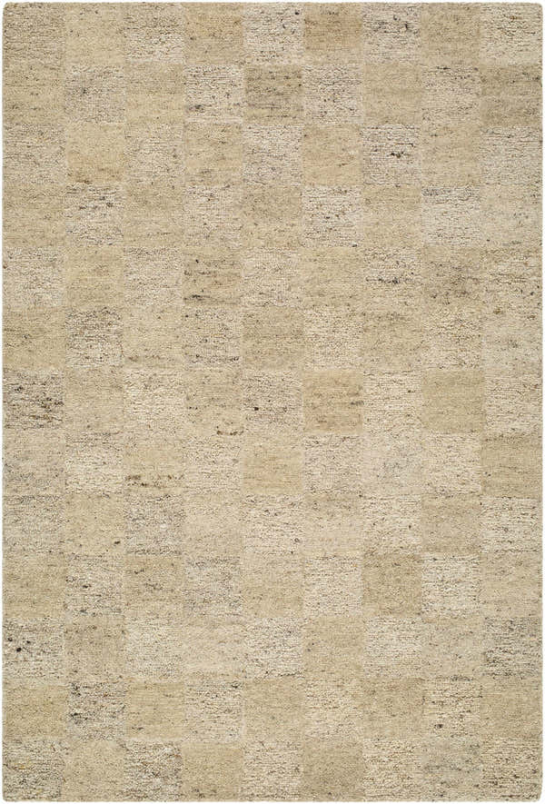 Close-up of the hand-tufted Chasya Sandstone Area Rug. Wool rug in ivory, pebble, sandstone, and taupe with a subtle checkerboard pattern. Design-Rectangle-576