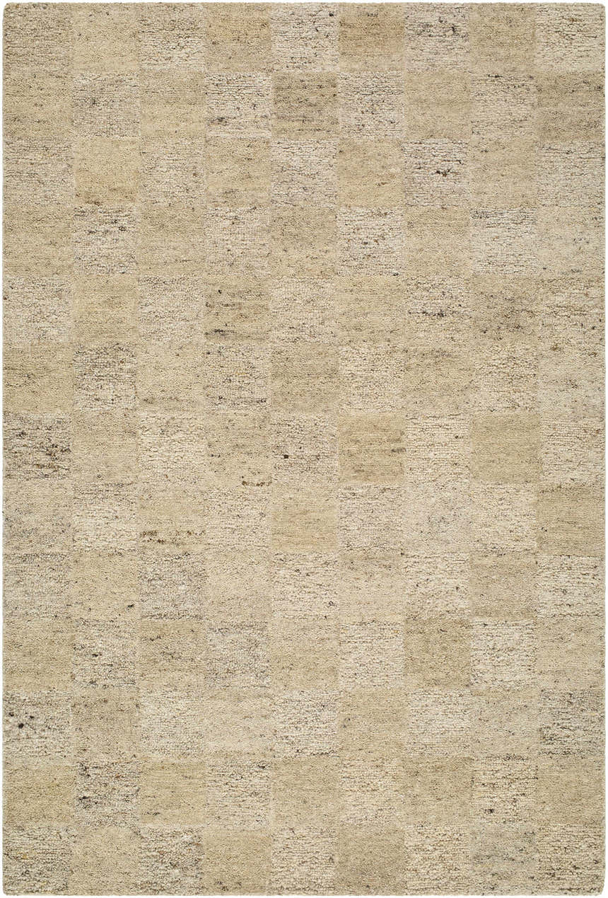 Close-up of the hand-tufted Chasya Sandstone Area Rug. Wool rug in ivory, pebble, sandstone, and taupe with a subtle checkerboard pattern. Design-Rectangle-576