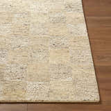 Close-up of the hand-tufted Chasya Sandstone Area Rug, a wool rug in ivory, pebble, sandstone, and taupe, on wood floor. Front