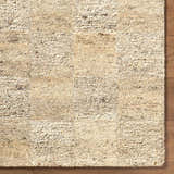 Close-up of the hand-tufted Chasya Sandstone Area Rug, a wool rug in ivory, pebble, sandstone, and taupe colors. Corner