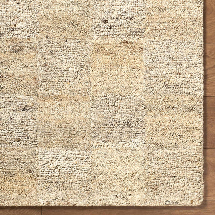 Close-up of the hand-tufted Chasya Sandstone Area Rug, a wool rug in ivory, pebble, sandstone, and taupe colors. Corner