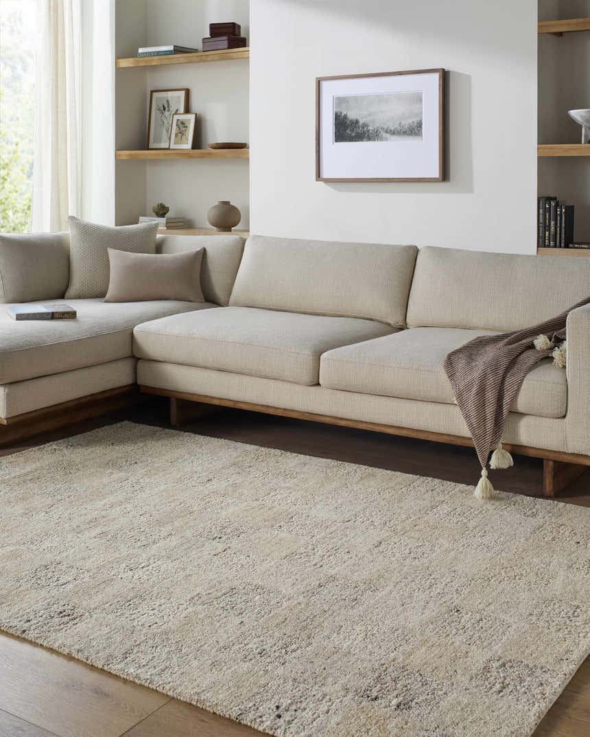 Living room scene with a neutral sectional sofa and the Chasya Sandstone Area Rug in ivory, pebble, and taupe tones. Roomscene-Rectangle