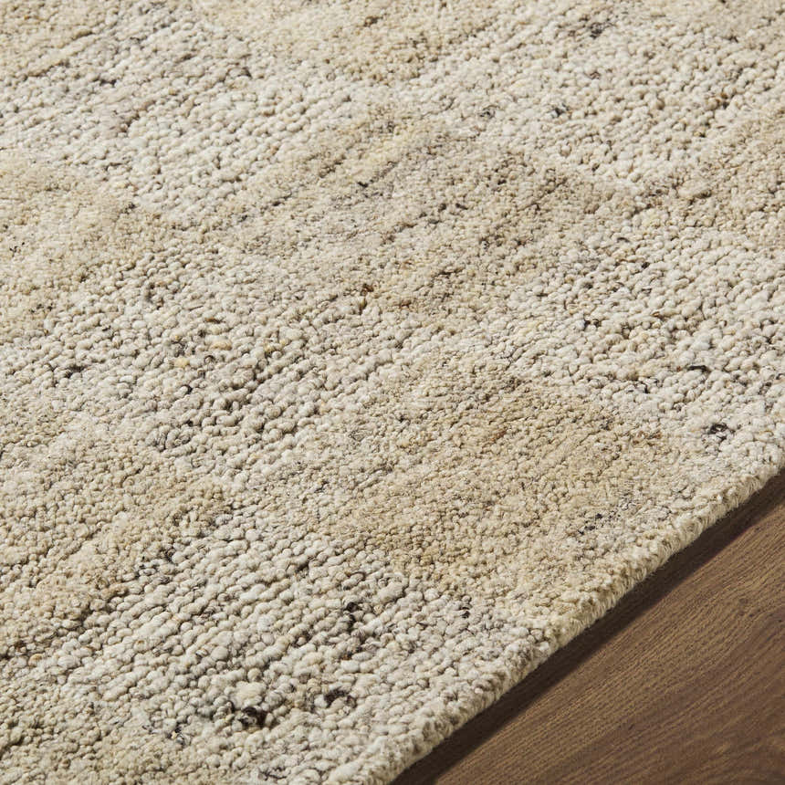 Close-up of the hand-tufted Chasya Sandstone Area Rug. Wool rug in ivory, pebble, sandstone, and taupe on wood floor. Texture