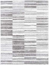 Close-up of the Carlen Gray Area Rug, a shag rug with a contemporary gray, ivory, and light gray striped pattern. Design-Rectangle-537