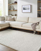 Living room scene with a beige sectional sofa and a Clayne Beige Premium Wool Area Rug. Roomscene-Rectangle