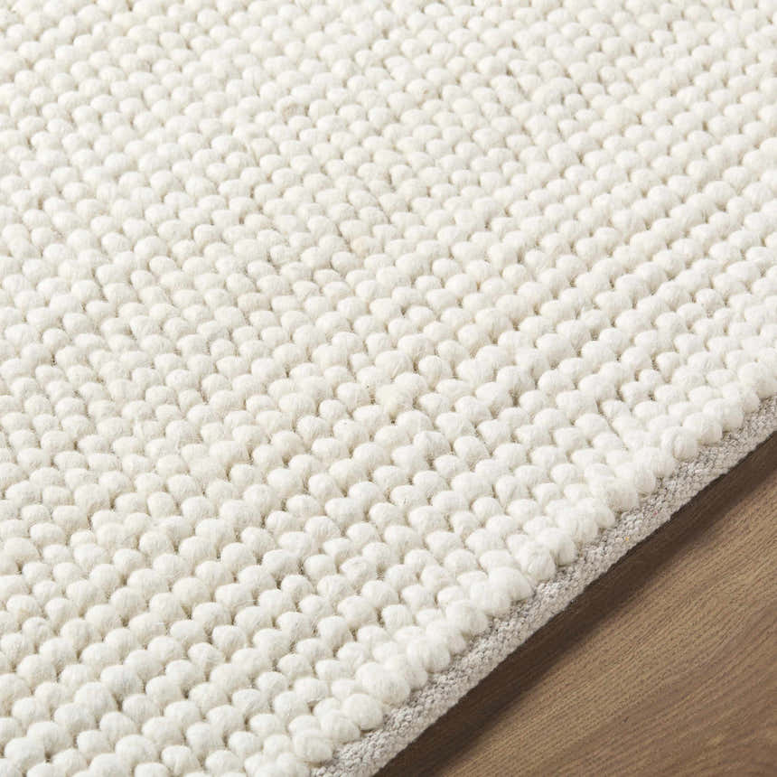 Close-up of the textured, hand-woven Clayne Beige Premium Wool Area Rug showing its wool loops and neutral color. Texture