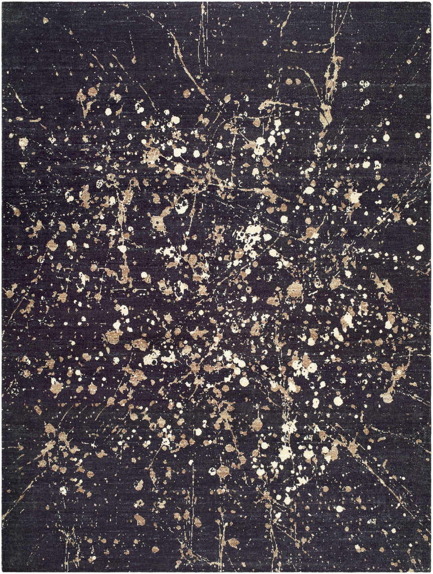 Close-up of the Janek Handmade Galey Alix x LIVABLISS GAJA-2300 Area Rug. Charcoal rug with ivory and taupe splattered design. Design-Rectangle-810