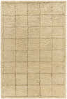 Close-up of the Alodie Grid Wool Rug. Farmhouse style rug in pearl and tan with a hand-tufted grid pattern. Design-Rectangle-576
