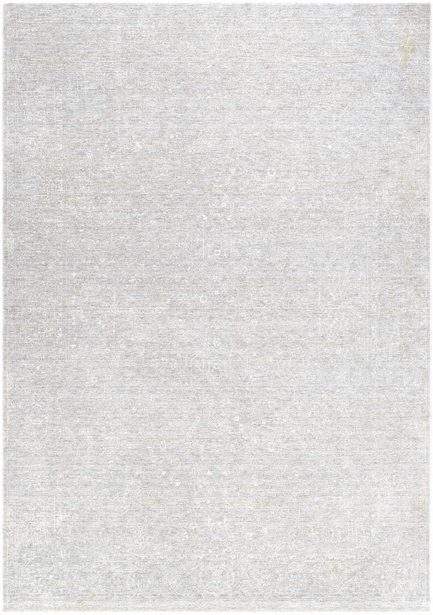 Close-up of the Catrin Area Rug. Light sage, slate blue, and light slate traditional pattern. Design-Rectangle-6796