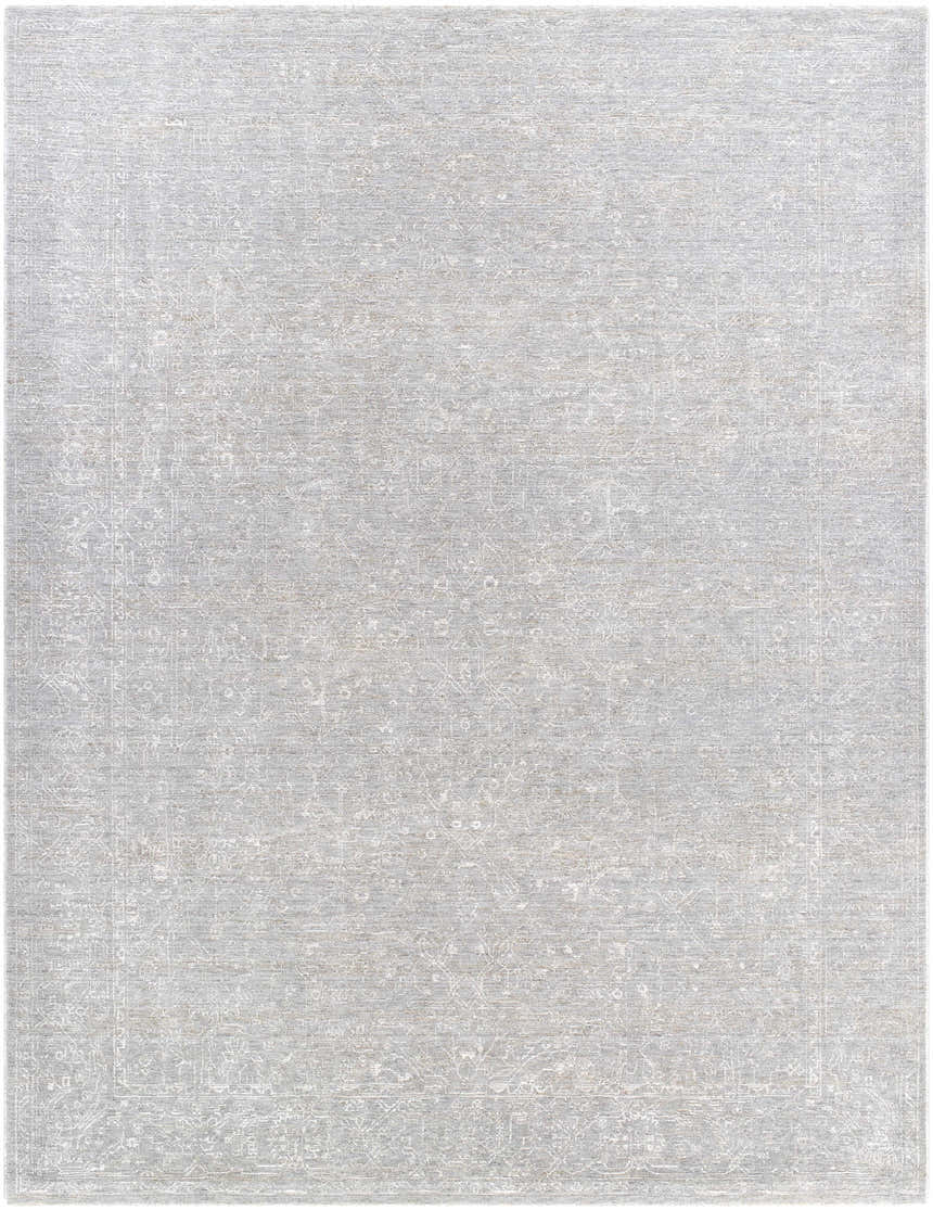 Close-up of the Catrin Area Rug, a machine-woven rug in light sage, slate blue, and light slate with a traditional pattern. Design-Rectangle-710102