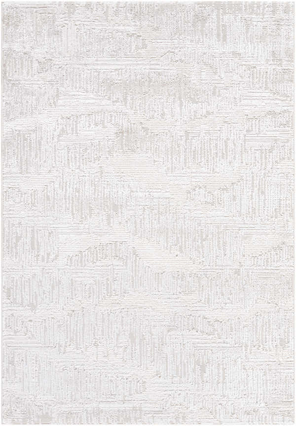 Close-up of Annisa Area Rug. Contemporary design in cream, ivory, light gray, and white. Textured, machine woven. Design-Rectangle-537