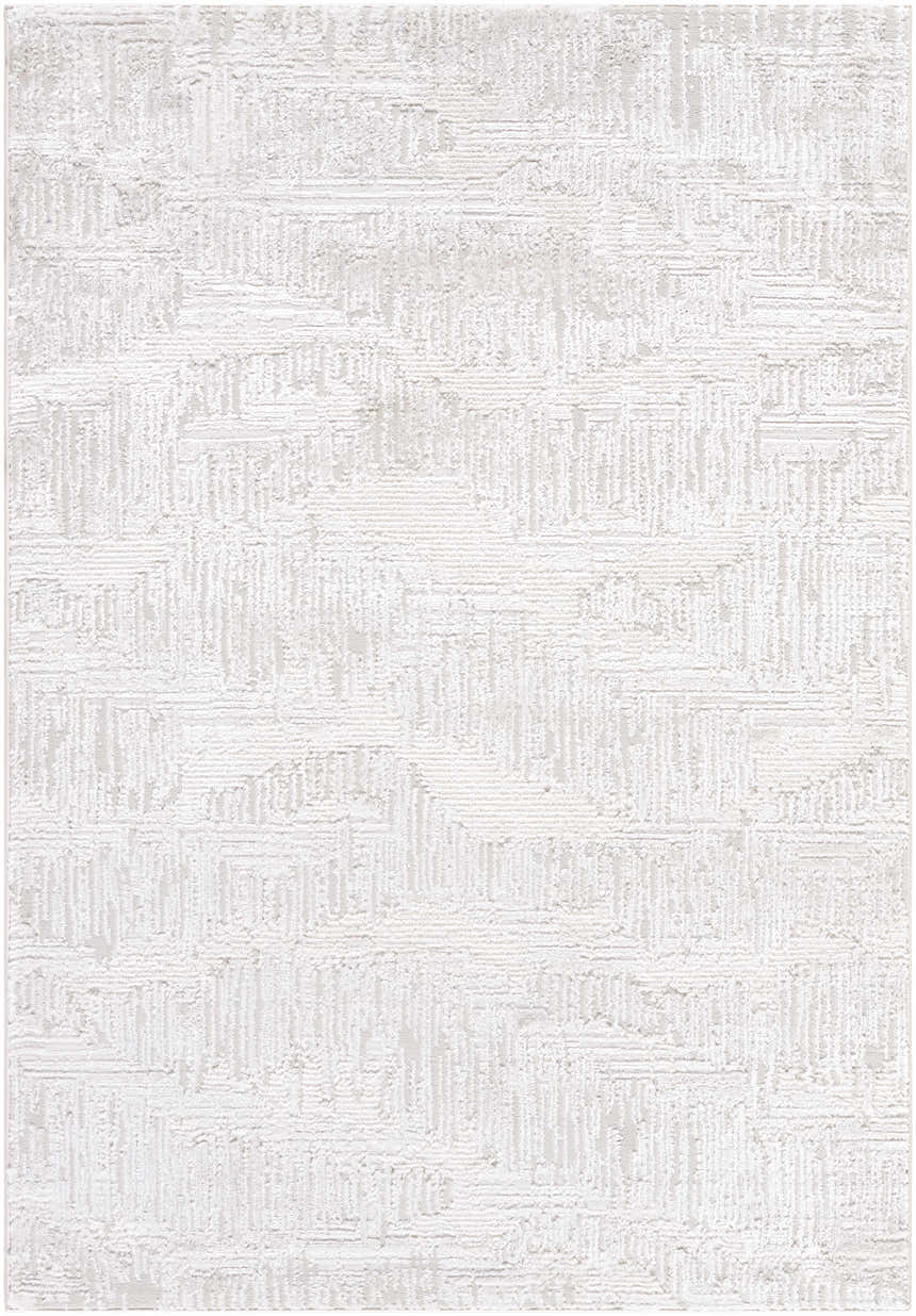 Close-up of Annisa Area Rug. Contemporary design in cream, ivory, light gray, and white. Textured, machine woven. Design-Rectangle-537