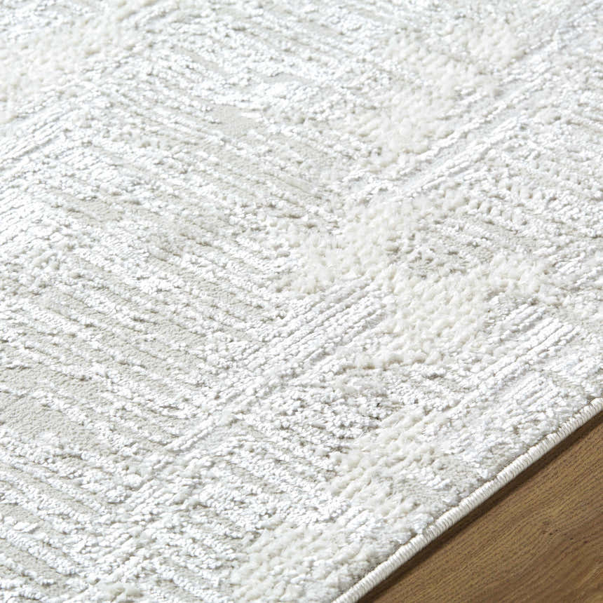Close up of the Annisa Area Rug, showing its cream, ivory, and light gray textured design. Texture