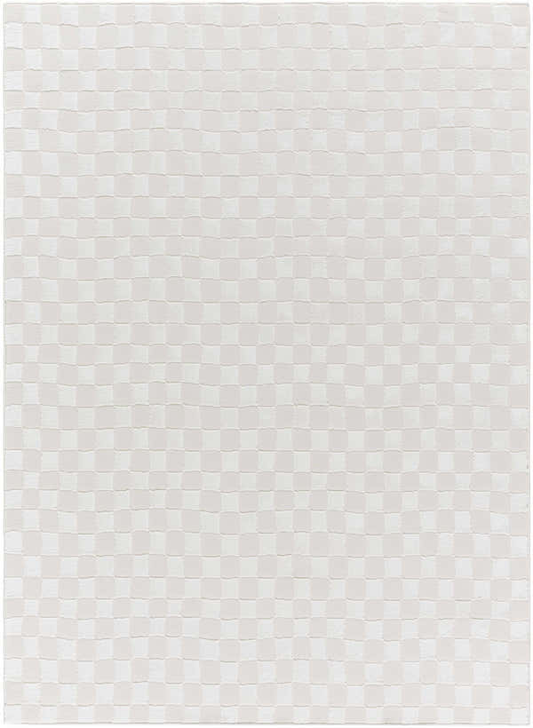 Close-up of the Carina Light 3D Checkered Washable Area Rug. Ivory and light gray squares create a subtle checkerboard pattern. Design-Rectangle-4117