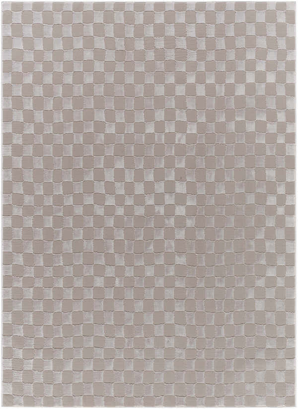 Close-up of the Carina Dark 3D Checkered Washable Area Rug. Gray and light gray checkered pattern. Contemporary style. Design-Rectangle-4117