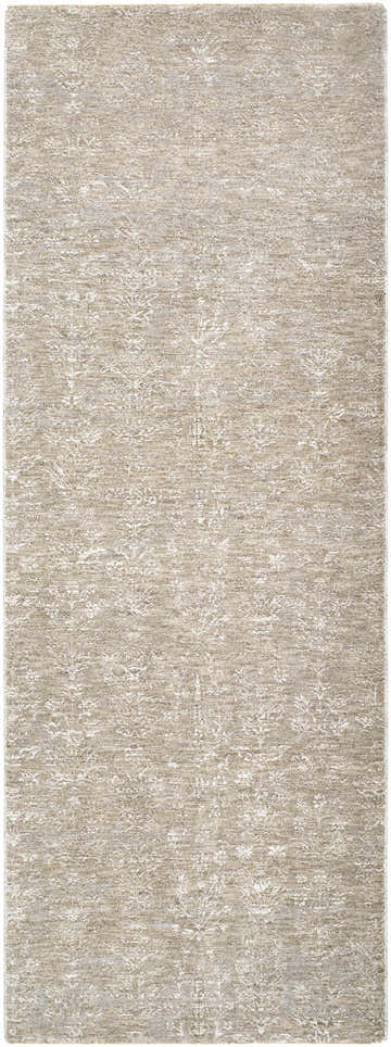 Close-up of the Angeni Area Rug, a machine-woven polyester rug in light sage with a subtle traditional pattern. Design-Runner-273