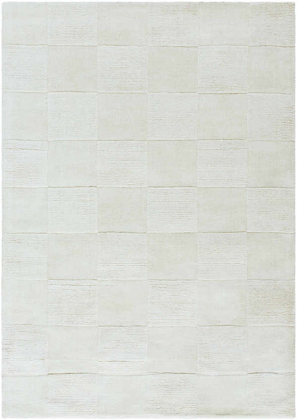 Close-up of the light silver Canice Area Rug, a hand-loomed wool rug with a subtle checkerboard pattern. Design-Rectangle-5377