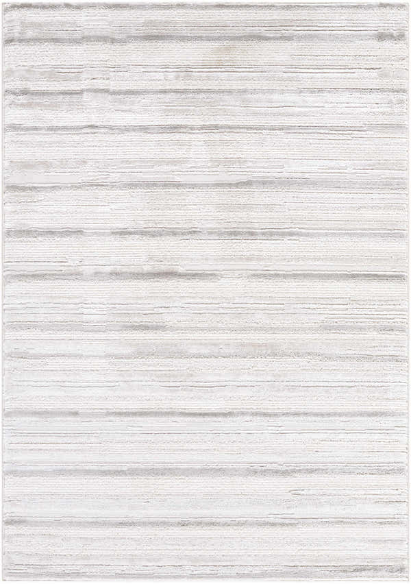 Close-up of the Cardea Area Rug. Contemporary style with cream, ivory, light gray, and white horizontal stripes. Design-Rectangle-537