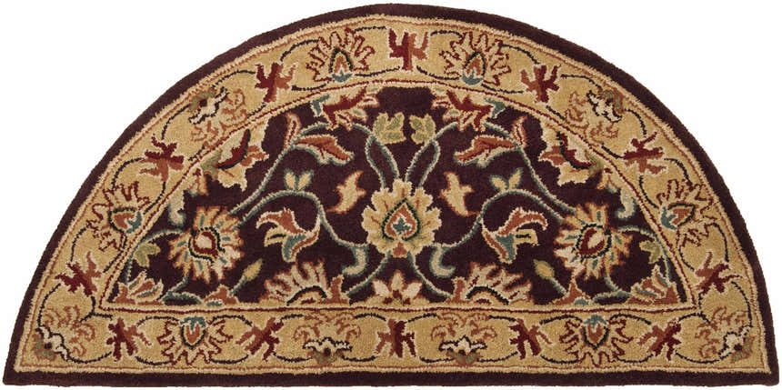Close-up of the Livabliss Caesar CAE-1024 rug. Hand-tufted wool rug with a beige floral pattern on a burgundy background. Design-Hearth