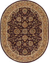 Close-up of the oval Livabliss Caesar CAE-1024 rug. Burgundy wool rug with beige floral pattern and traditional farmhouse style. Design-Oval-810