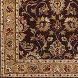 Close-up of the Livabliss Caesar CAE-1024 rug. Features a traditional floral pattern in beige, black, burgundy, rust, and tan. Swatch