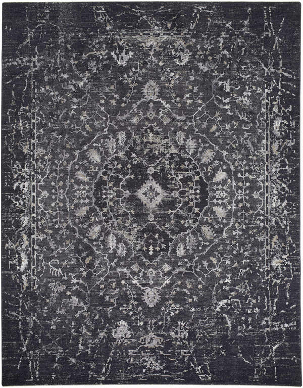 Close-up of the Corina Black Area Rug, featuring a traditional floral pattern in black, charcoal, gray, and ivory. Design-Rectangle-710102