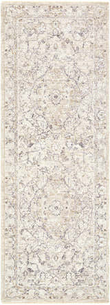 Close-up of the Corina Charcoal Area Rug featuring a traditional charcoal, cream, and tan floral pattern. Design-Runner-2773