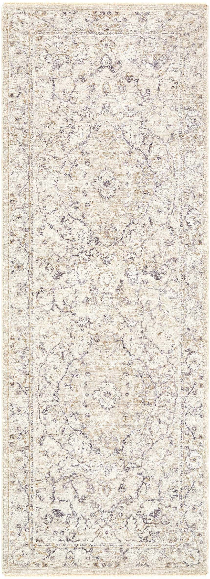 Close-up of the Corina Charcoal Area Rug featuring a traditional charcoal, cream, and tan floral pattern. Design-Runner-2773