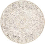 Close-up of round Corina Charcoal Area Rug. Features traditional floral pattern in charcoal, cream, gray, and tan hues. Design-Round-53
