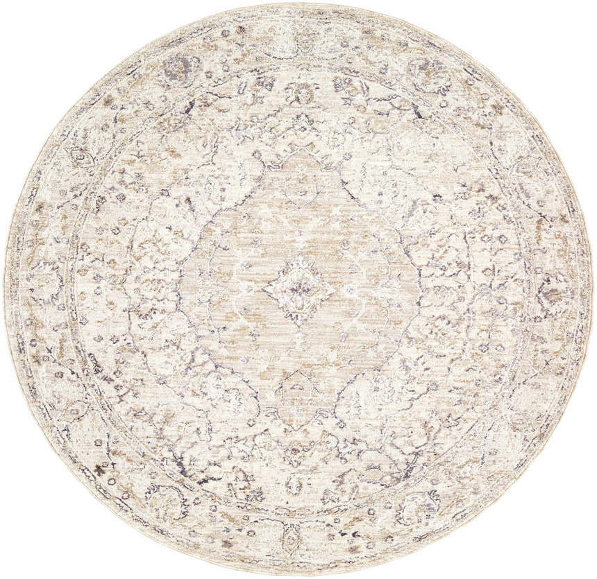 Close-up of round Corina Charcoal Area Rug. Features traditional floral pattern in charcoal, cream, gray, and tan hues. Design-Round-53