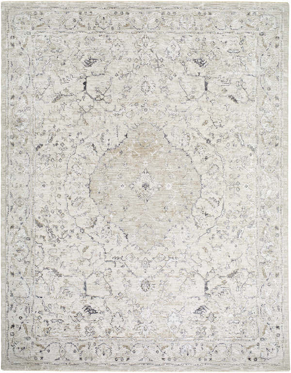 Close-up of the Corina Charcoal Area Rug. Traditional floral design in charcoal, cream, gray, and tan. Machine woven texture. Design-Rectangle-710102