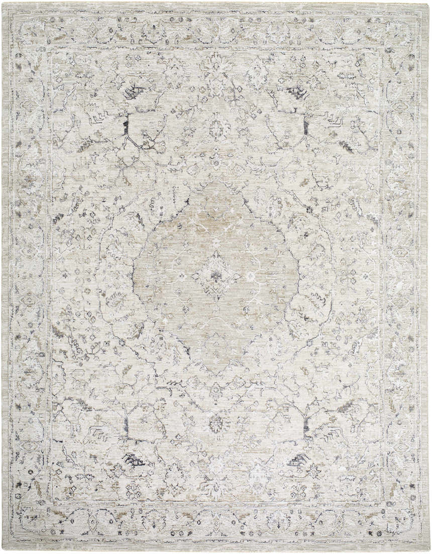 Close-up of the Corina Charcoal Area Rug. Traditional floral design in charcoal, cream, gray, and tan. Machine woven texture. Design-Rectangle-710102