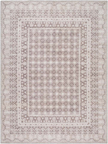 Close-up of the Rainier PNW Home x LIVABLISS rug. Cream and light brown farmhouse style with a traditional geometric pattern. Design-Rectangle-5373