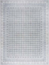Rainier PNWRN-2313 rug close-up. Machine woven rug in pale blue, olive, and white with farmhouse-style geometric and floral patterns. Design-Rectangle