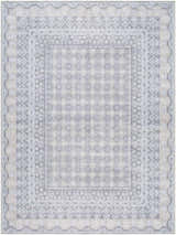 Close-up of Rainier PNWRN-2313 rug. Machine woven polyester with traditional pale blue and white pattern, and farmhouse style. Design-Rectangle-5373