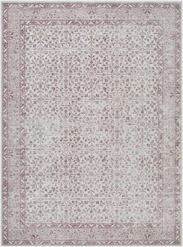 Close-up of Spokane Brown Area Rug. Farmhouse style rug with burnt orange floral pattern and traditional border on cream. Design-Rectangle-527