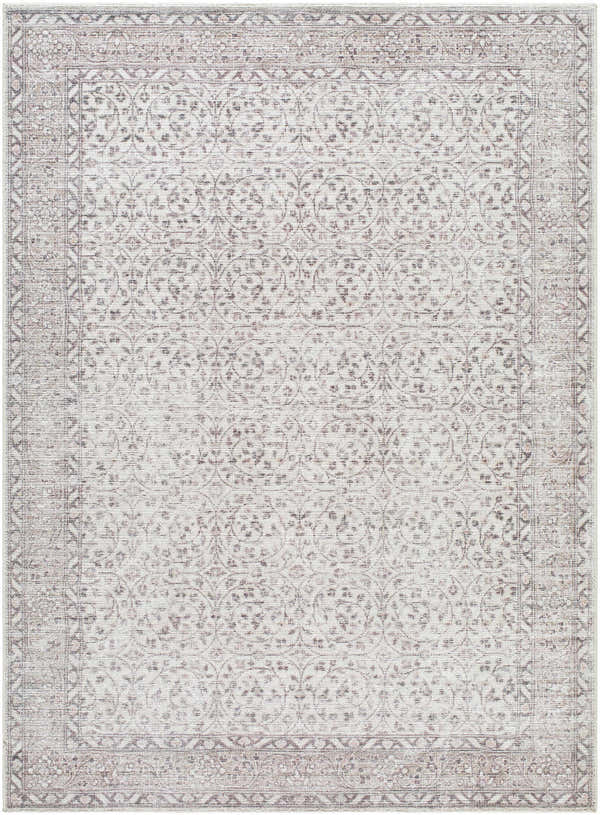 Close-up of the Spokane Machine Woven PNWSP-2304 area rug. Farmhouse style rug in cream, tan, and rust with a traditional floral pattern. Design-Rectangle-527
