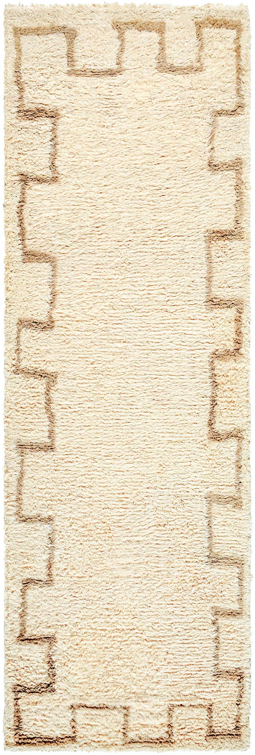 Close-up of Ciniod Area Rug. Hand-tufted 100% wool rug in pearl and tan with a geometric brick red border. Farmhouse style. Design-Runner-268