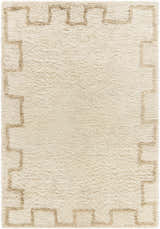 Close-up of the Ciniod Area Rug. Hand-tufted, 100% wool rug in pearl and tan with a geometric border pattern. Design-Rectangle-576