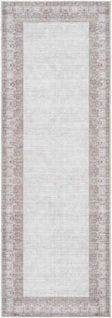Close-up of Rainier Cottage Border Brown Washable Rug. Cream rug with dark red and slate blue traditional border pattern. Design-Runner-27710