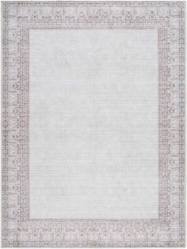 Close-up of Rainier PNW Home x LIVABLISS rug. Cream center with dark red, blue, and ice blue traditional border pattern. Design-Rectangle-5373